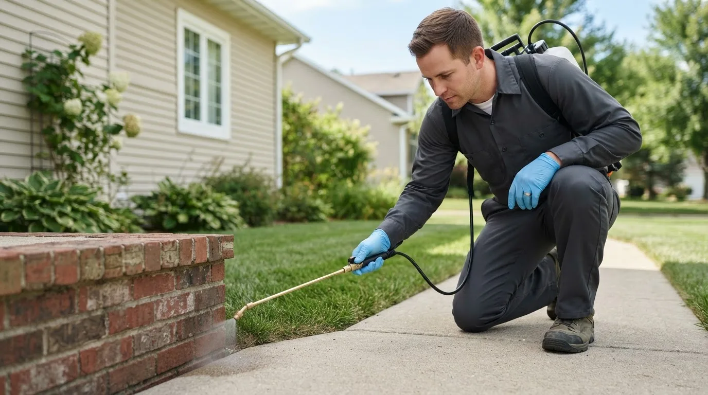 Pest control technician treating a home near Houghton, IA