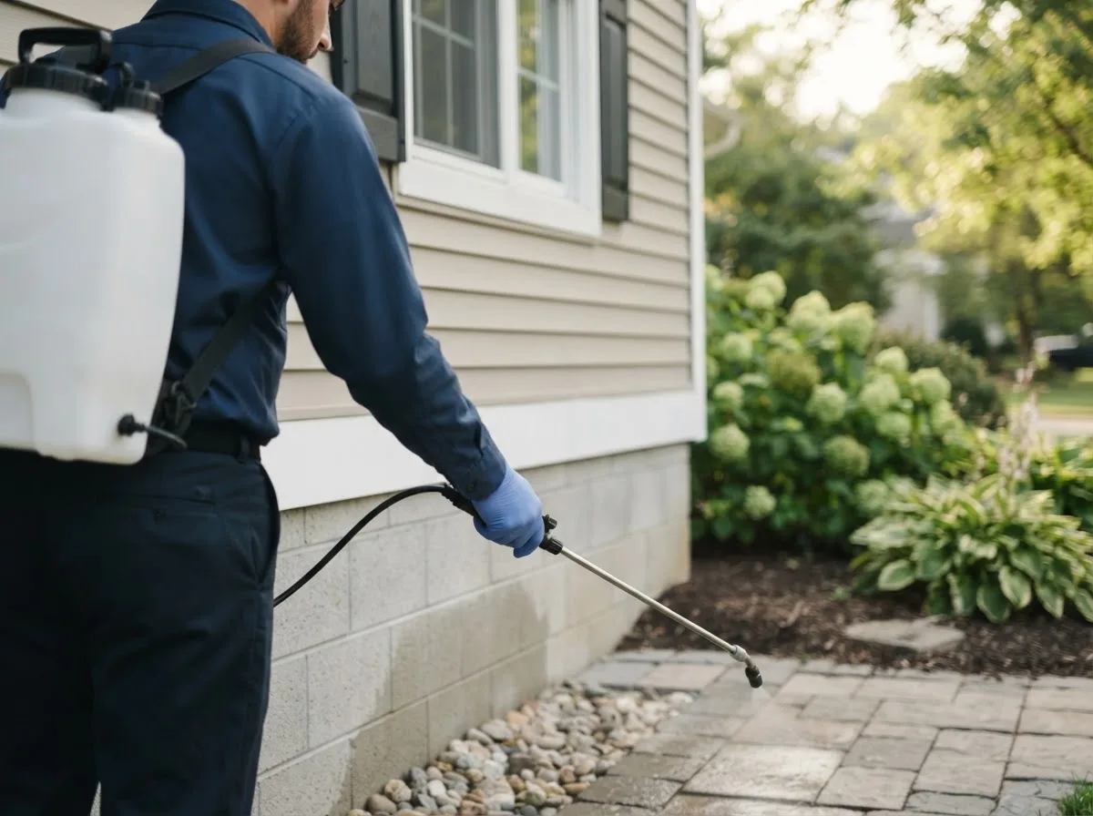 Pest control technician inspecting a home in Houghton, IA